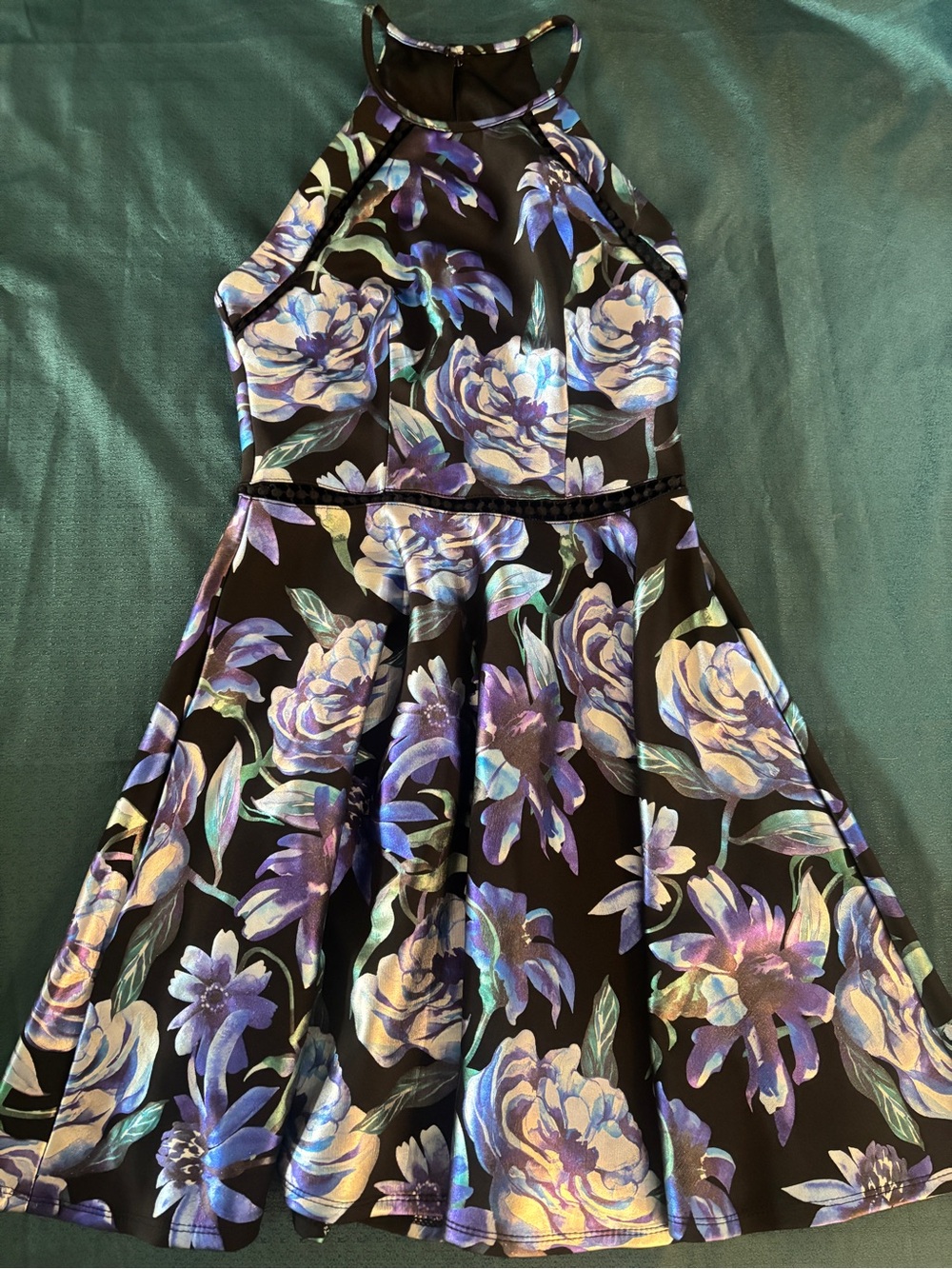 B Darlin Black Halter Floral Dress in Purple and Blue
